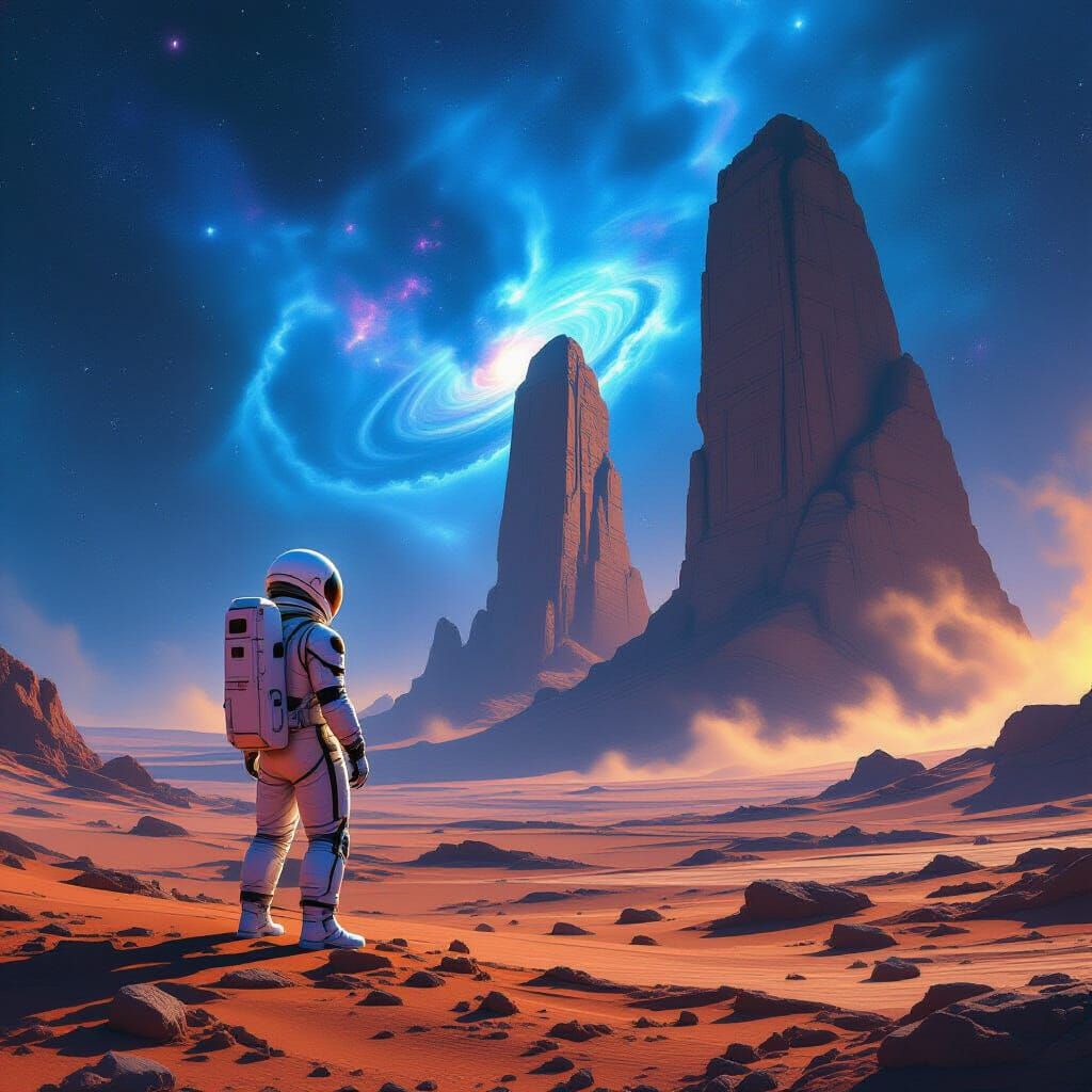 Astronaut on Alien Planet Gazing at Cosmic Ruins
