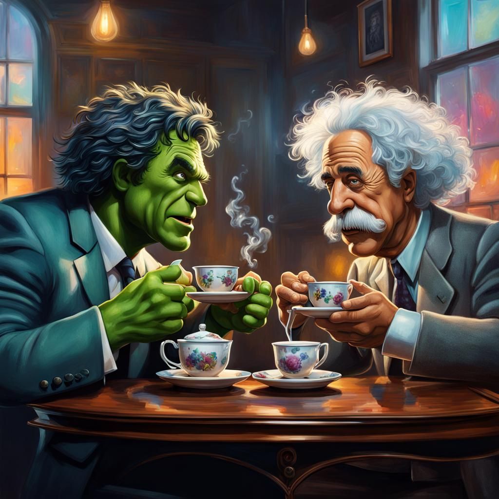 Hulk and Einstein Tea Party, Hyperrealistic Art