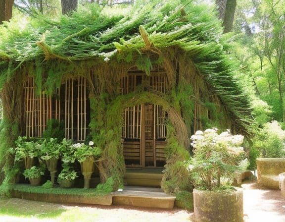 Photo of a small round  bird's nest hut made of thin braided branches and green leaves, with an entrance like a bird's n...