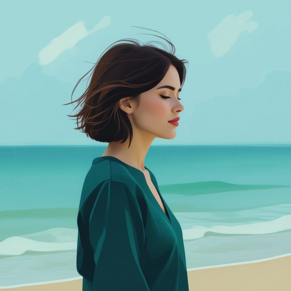 Woman with Bob Haircut at Sea in Turquoise Tones