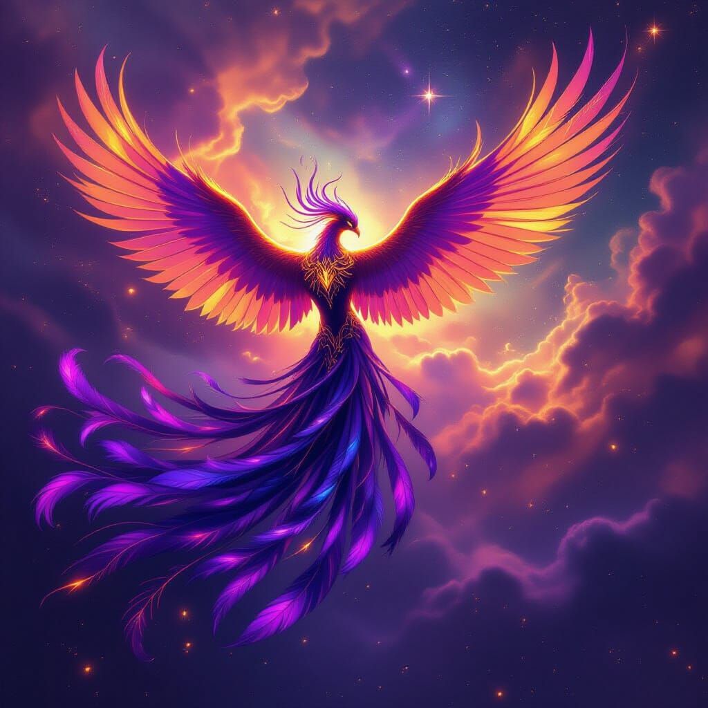 Majestic Phoenix Soars Through Cosmic Nebula in Epic Fantasy...