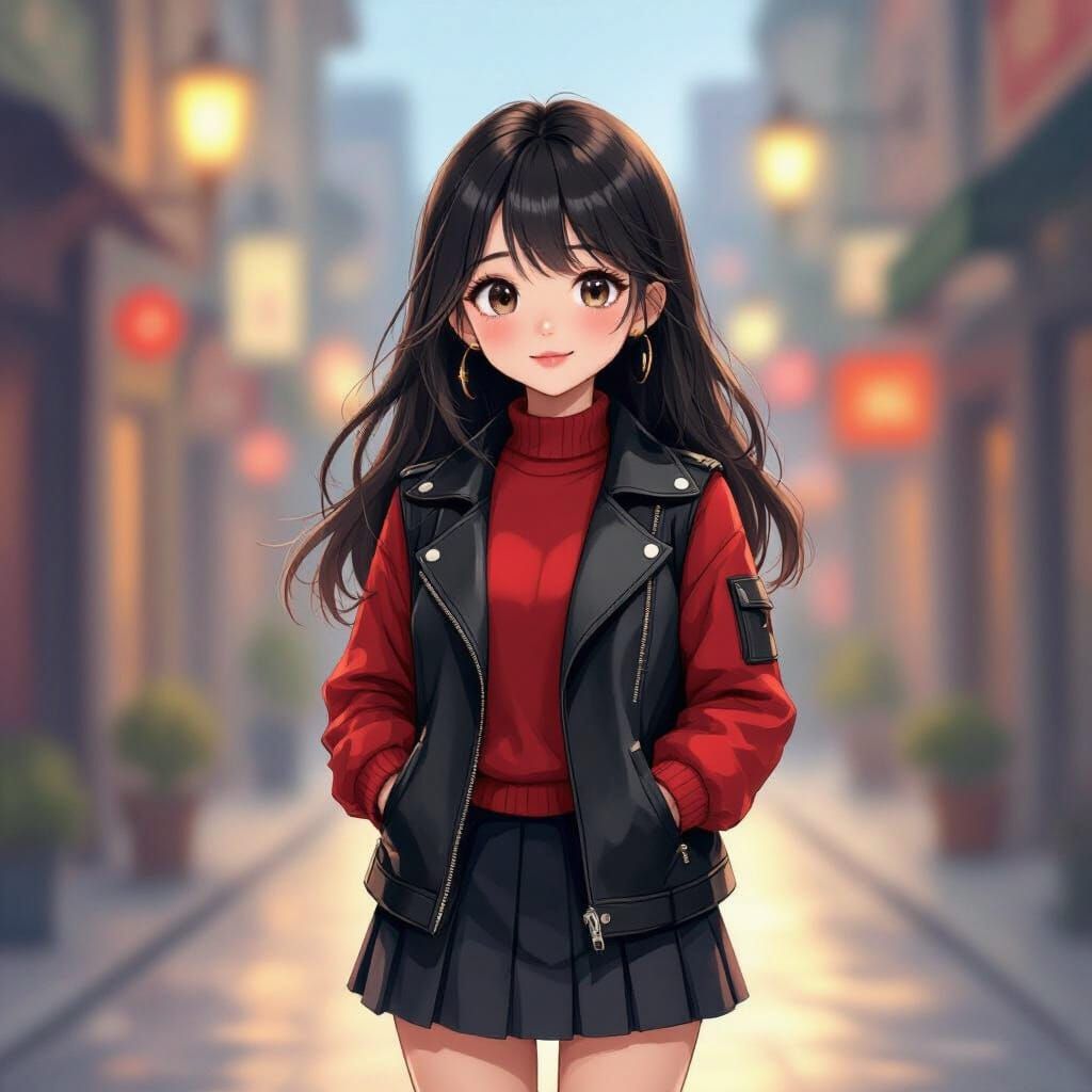 Cute Korean Manga Girl in Red Sweater and Leather Jacket