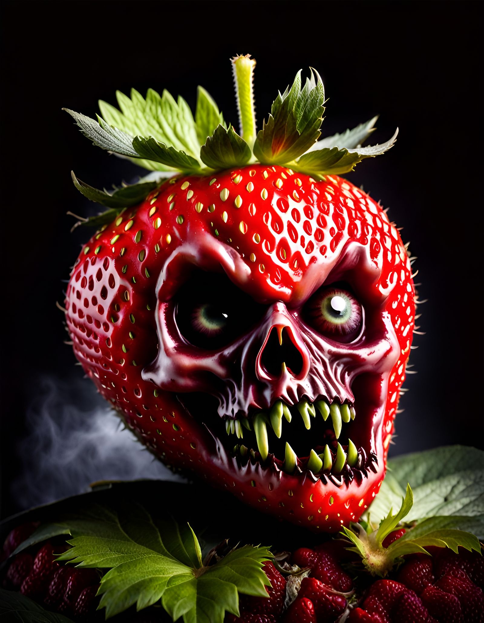 Horrifying Zombie Strawberry in Dark Halloween Scene