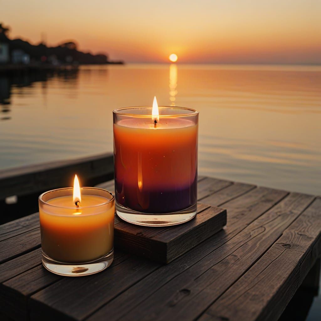 Luxury Candle Photography on Misty Shoreline at Sunset