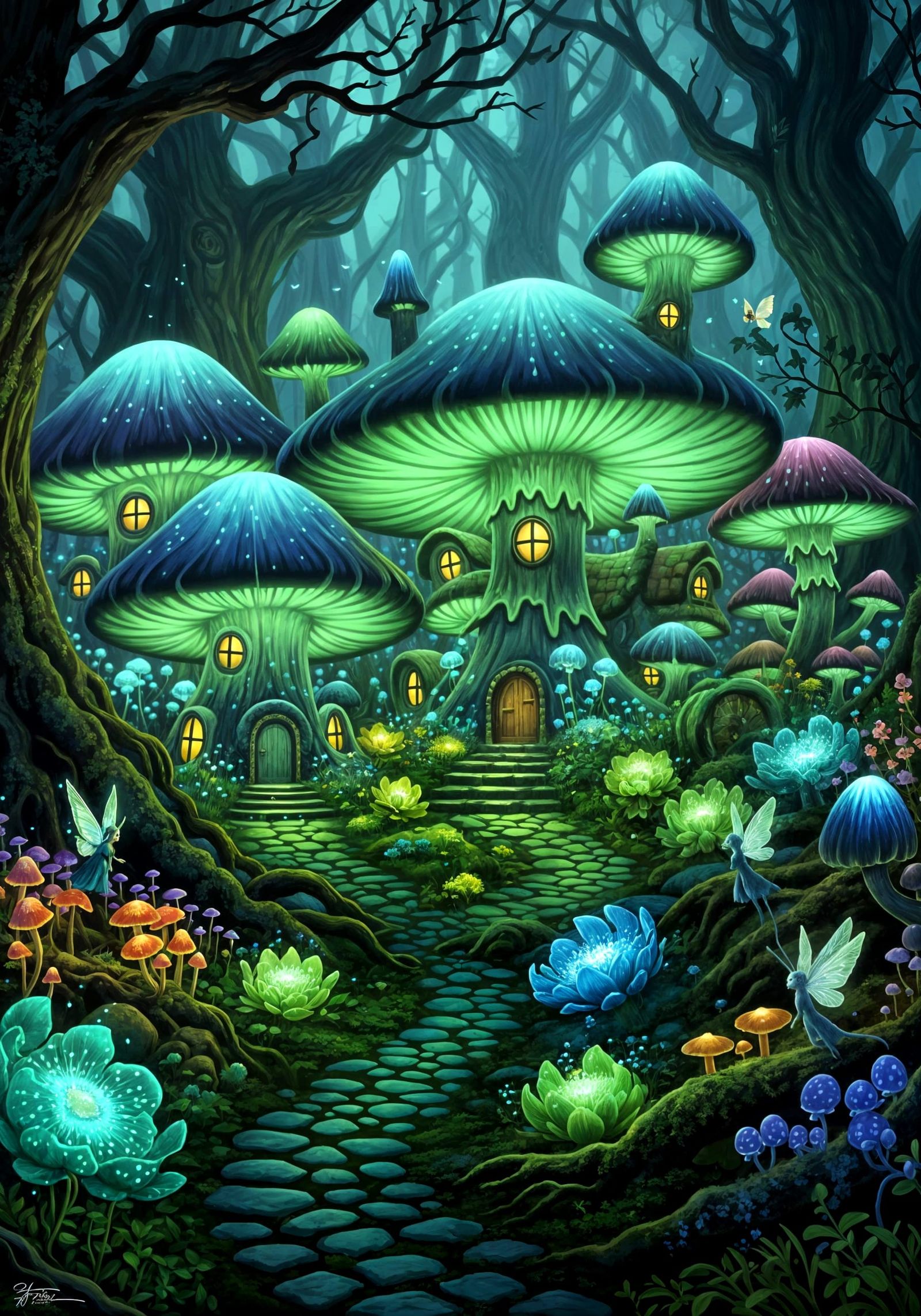 Bioluminescent Mushroom Village in Fantasy Illustration Styl...