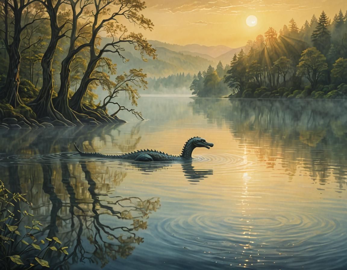 Loch Ness Monster in Surreal Oil Painting