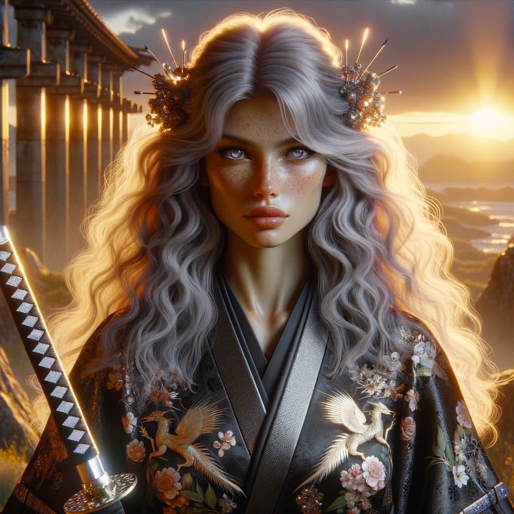 Stunning Fantasy Samurai Maiden in Black Kimono
