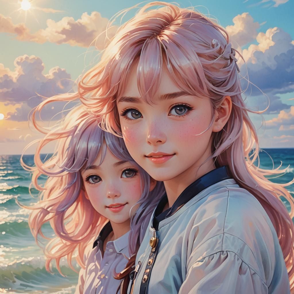 Little Girl Riding Pony by the Sea in Pastel Anime Art