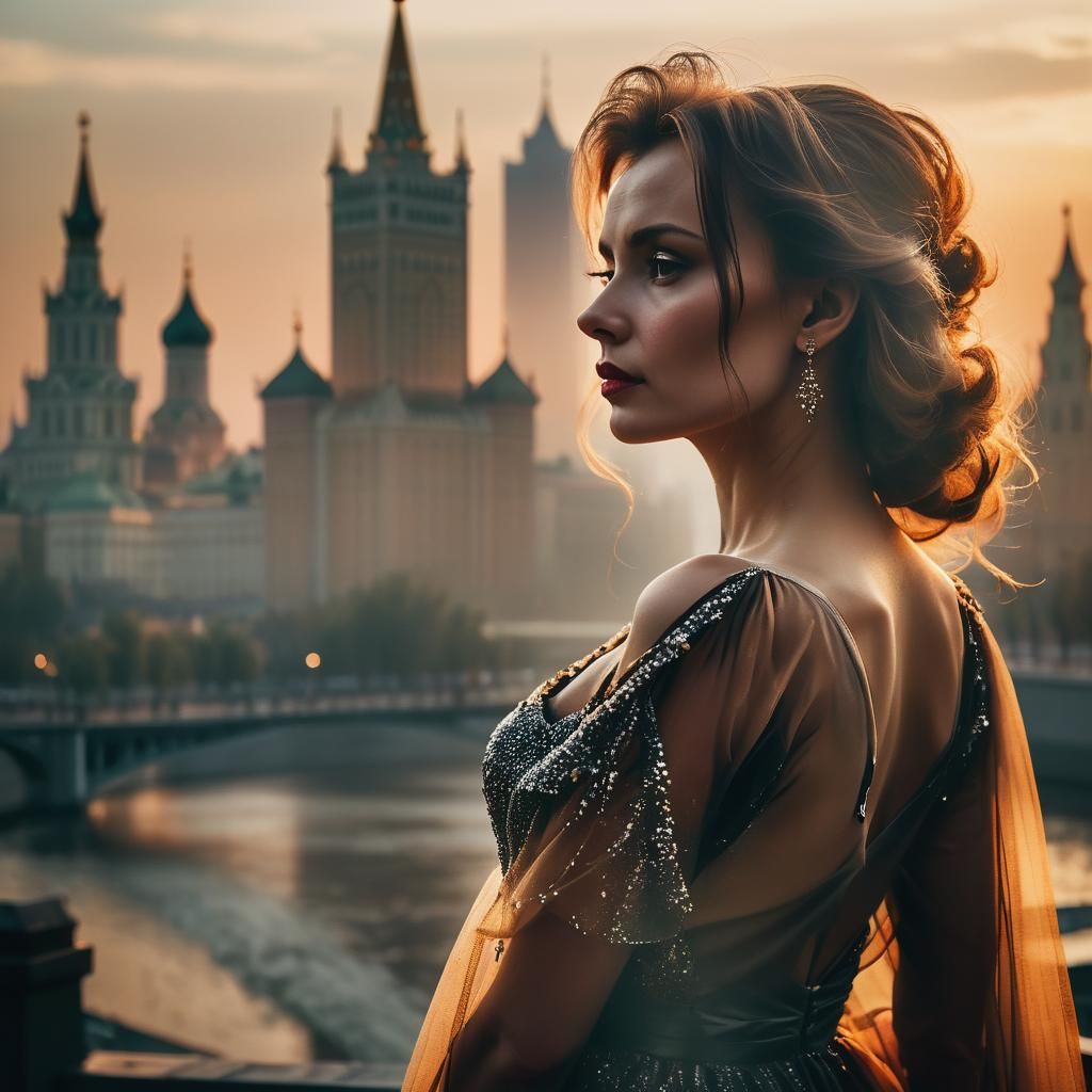 Film Noir Woman in Moscow at Sunset