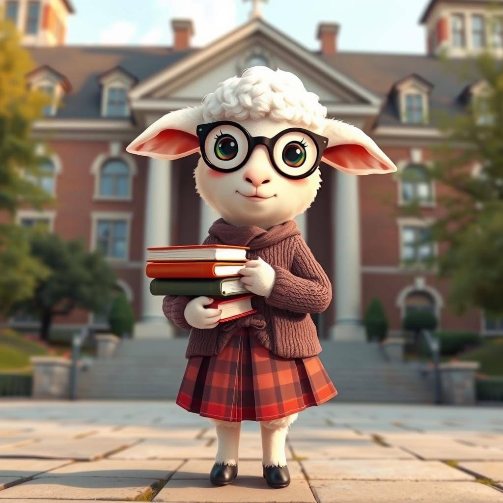 Bespectacled Lamb Ready for University, Whimsical Style