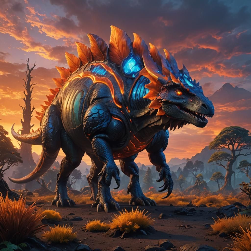 Fiery Pokémon Dinosaur Hybrid in Mystical Forest