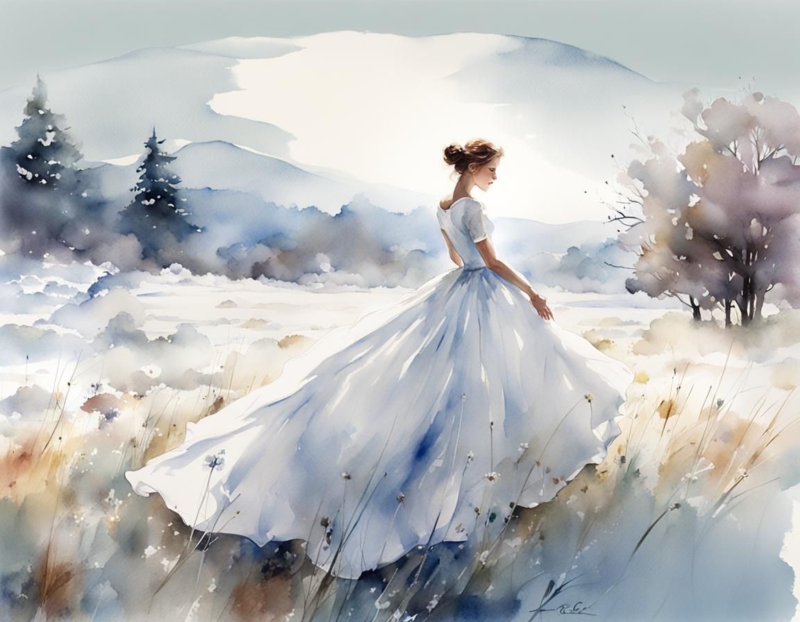 Woman in White Gown: Minimalist Watercolor Portrait
