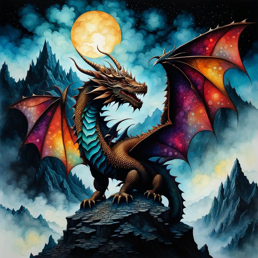 Surreal Dragon on Misty Peak, High Contrast Art