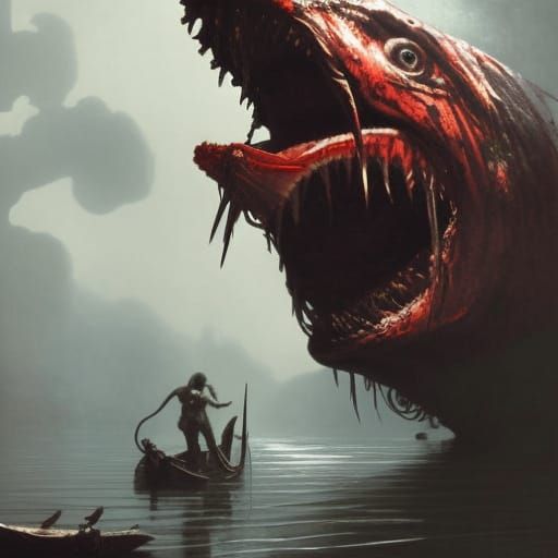 Scary Piranha in Bloody Lake: Horror Illustration