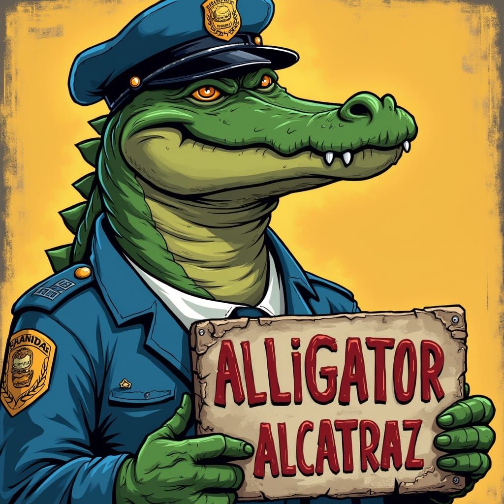 Alligator Cop Holds Alcatraz Sign in Retro Style