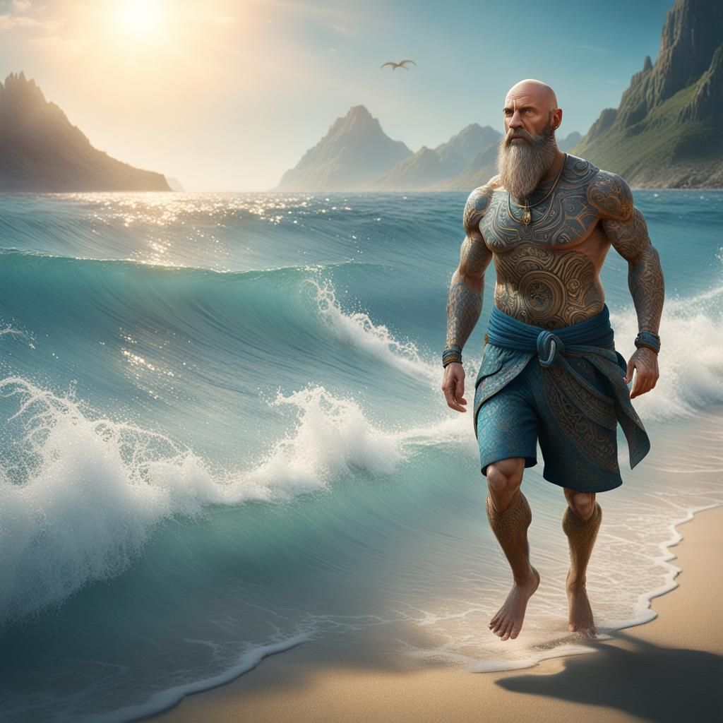 Bearded Athlete Walks on Sunny Beach: Fantasy Concept Art