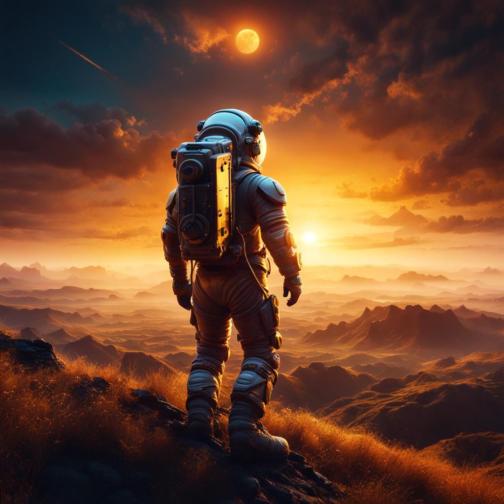 Astronaut on Hill at Sunset: 8k Digital Art