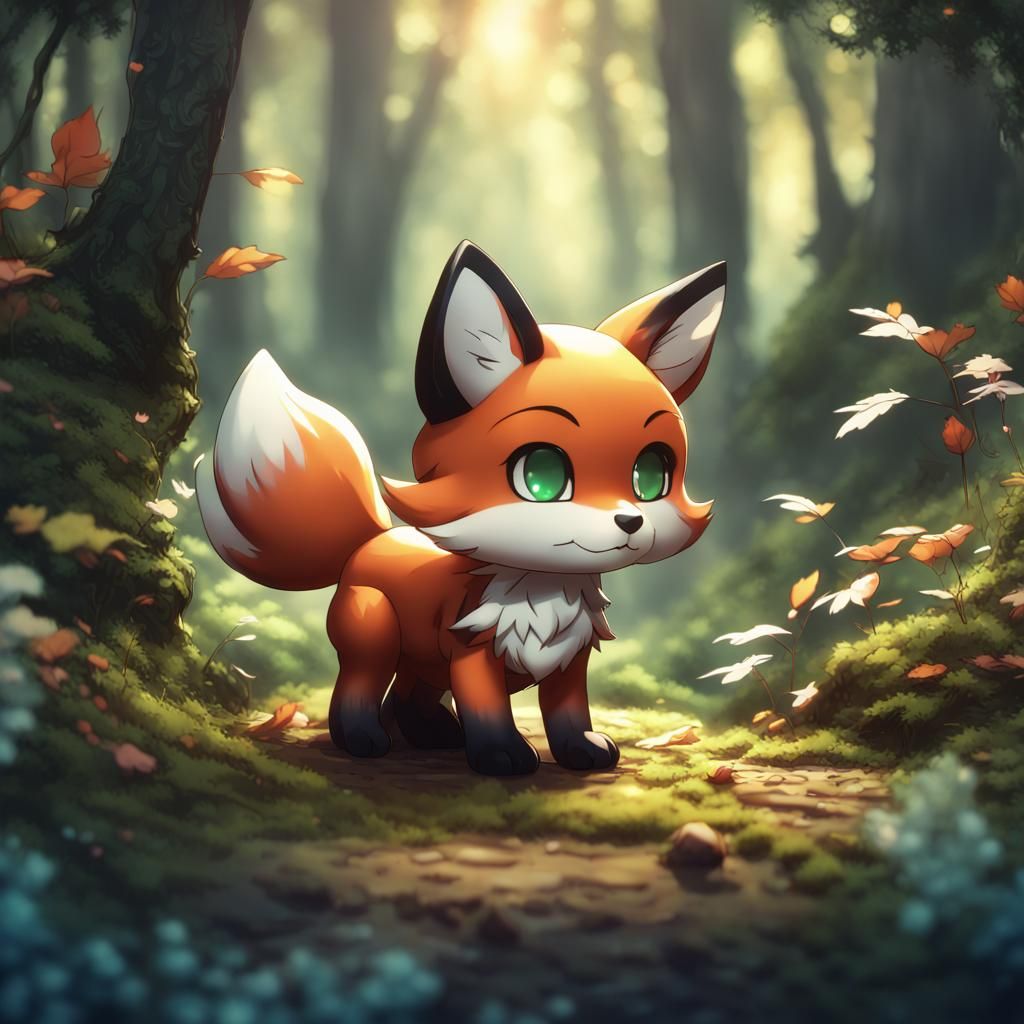 Chibi Fox in Forest: Anime-Style Digital Art