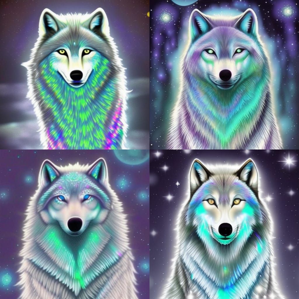 Sliver wolf with iridescent blue highlights& pearlescent blue highlights& iridescent white highlights& ethereal vibes& m...