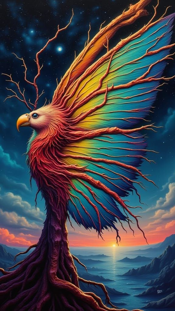 Surreal Man in Moth Attire Under Rainbow Lightning