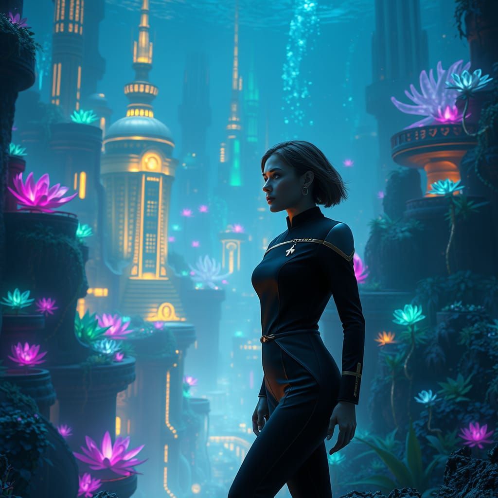 Surreal Underwater Cityscape Lit by Bioluminescent Plants in...
