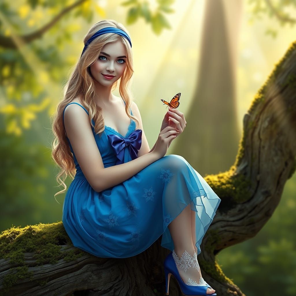 Ethereal Fantasy Scene with Young Woman in Azure Gown