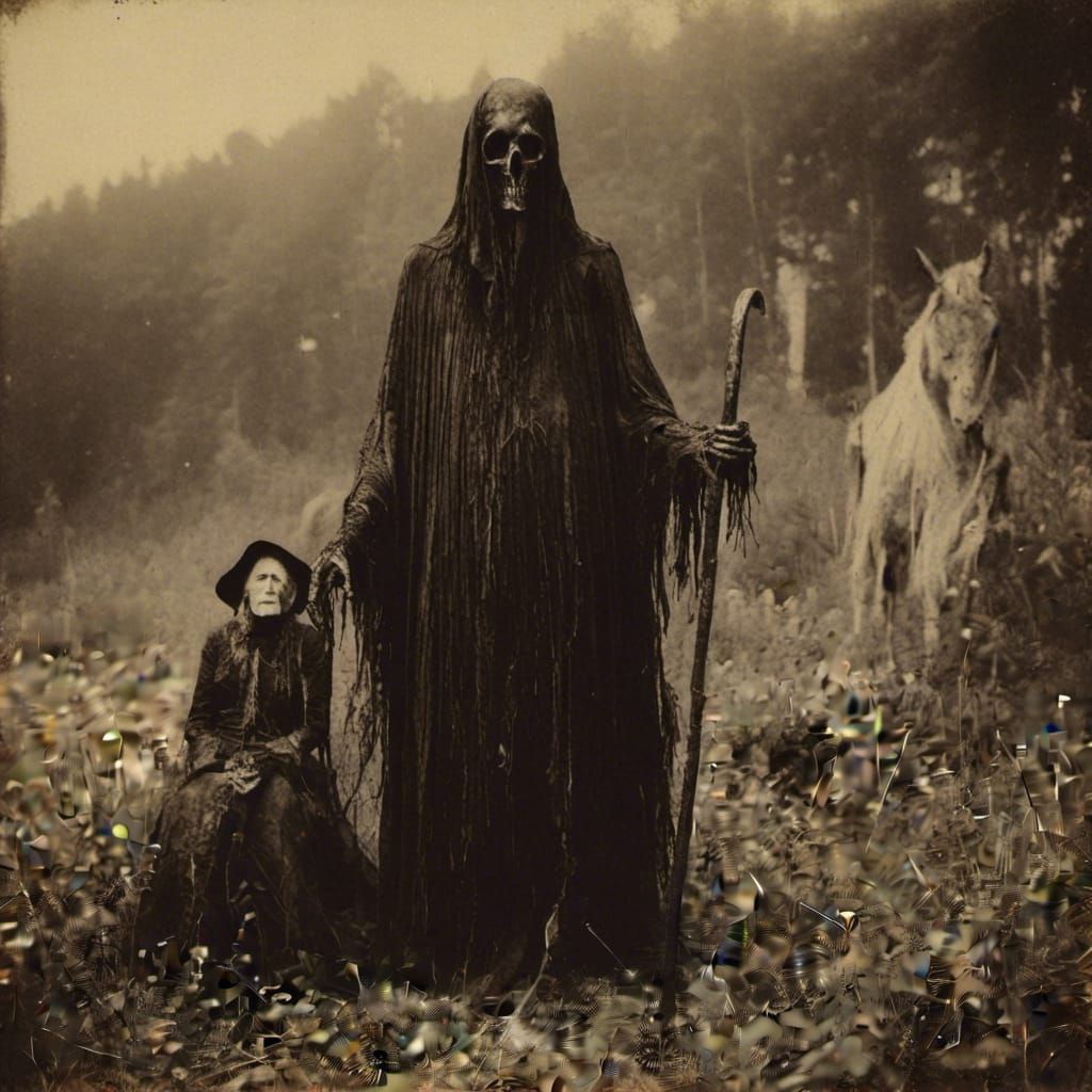 Old Woman and Grim Reaper in Vintage Photography Style