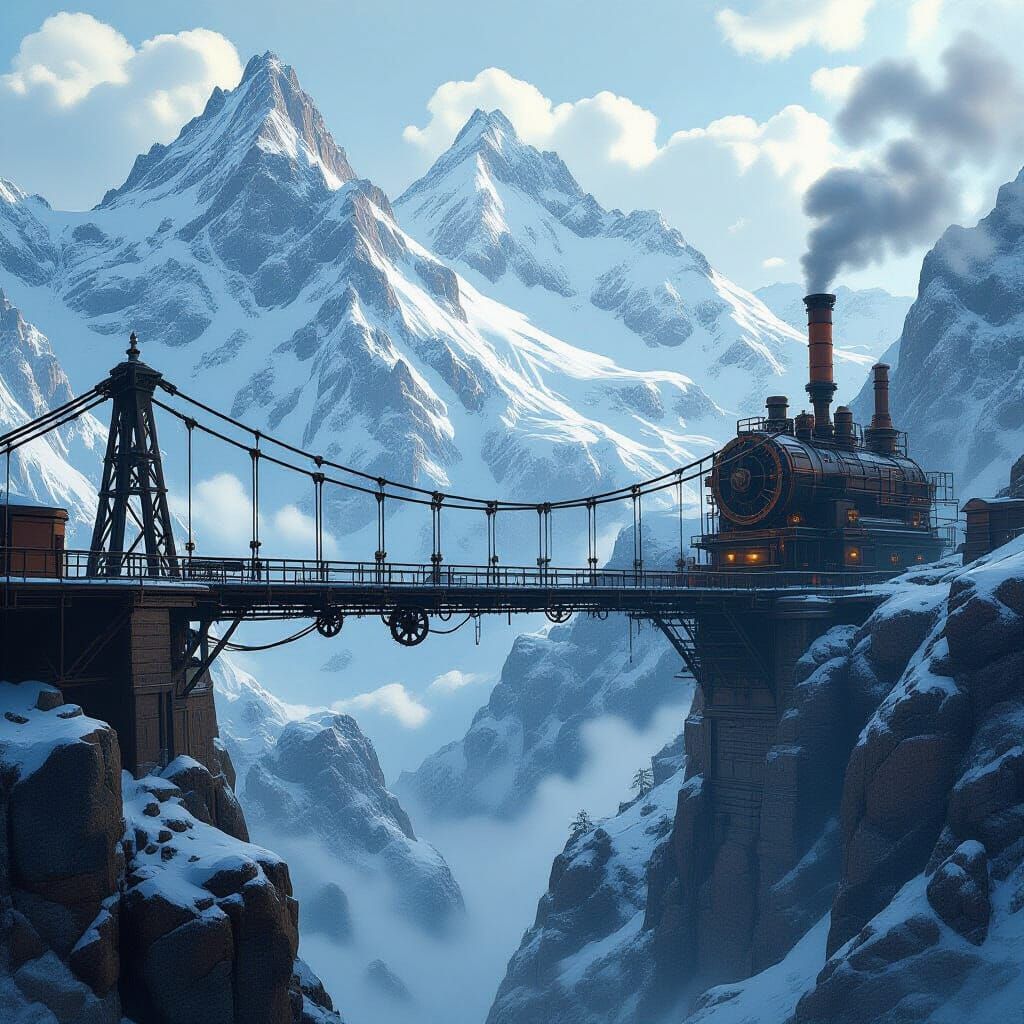 Snowy Peaks Connected by Industrial Sci-Fi Bridge