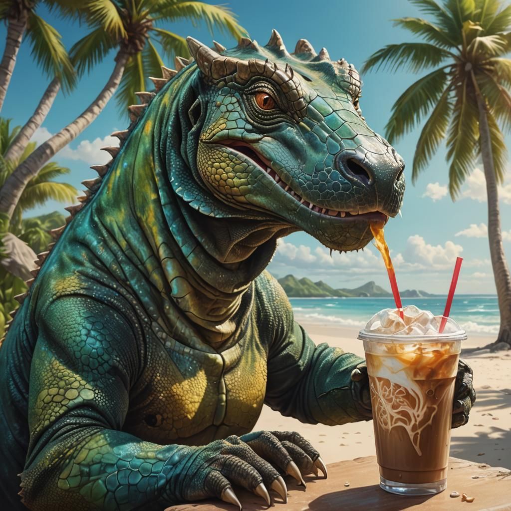 Anthropomorphic Komodo Dragon on Tropical Beach