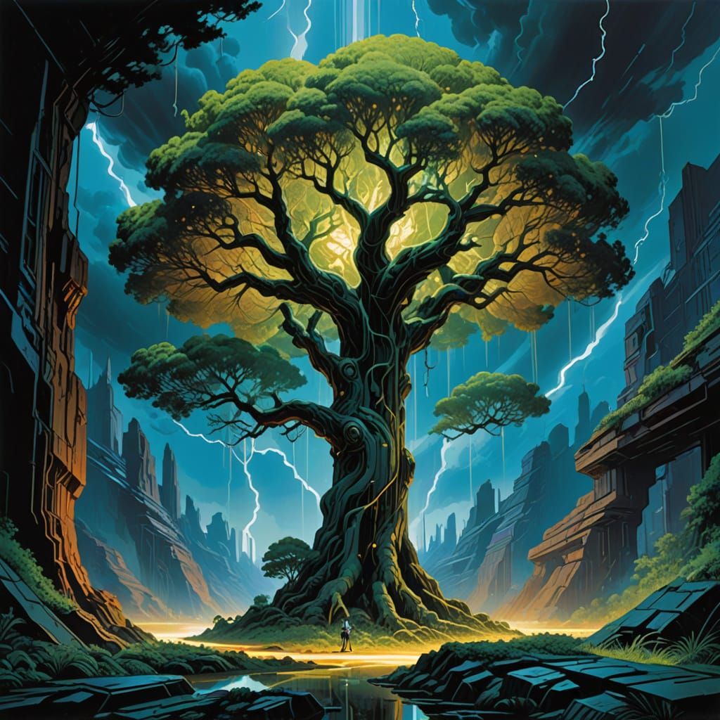 Fractal Tree in Stormy Landscape with Radiant Lightning