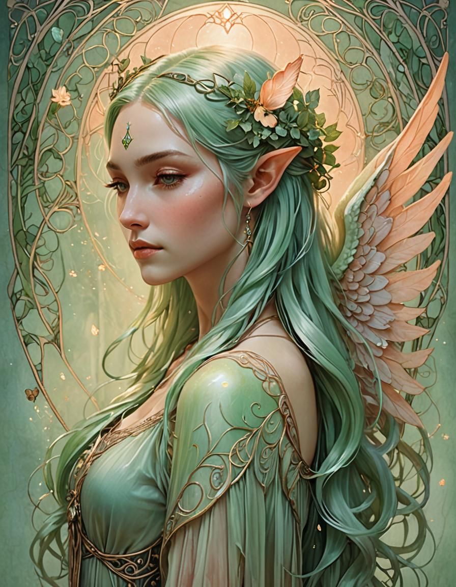 Ethereal Winged Elf with Flowing Green Hair