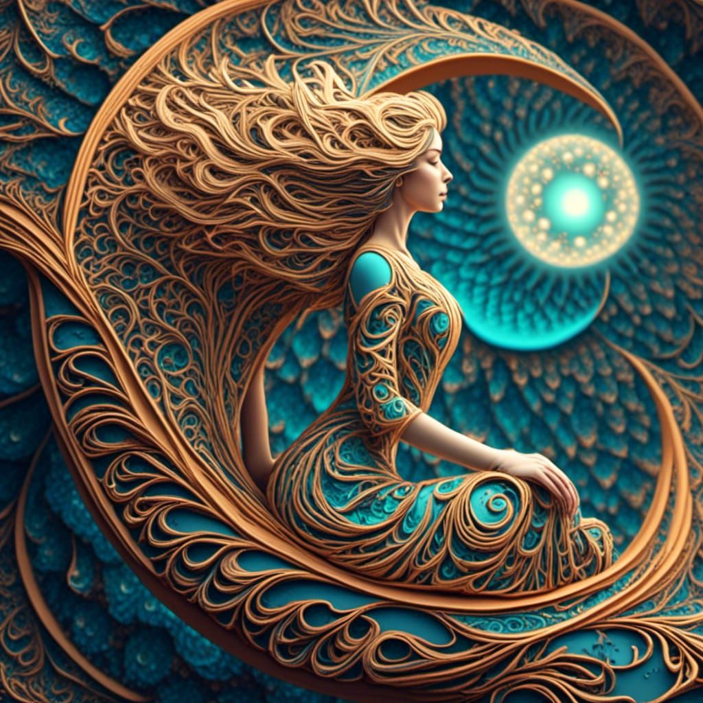 Woman on Crescent Moon with Abstract Fractals
