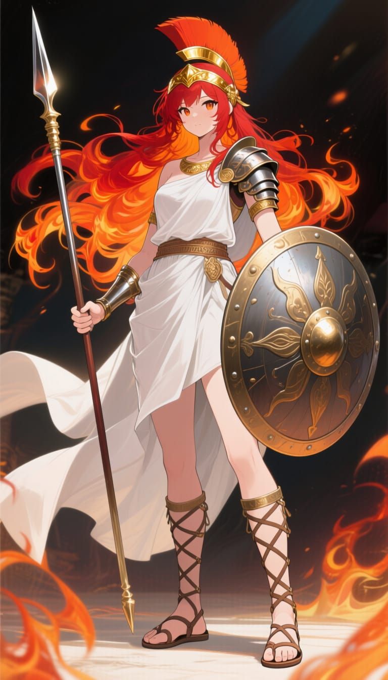 Fiery Haired Warrior Princess in Greek Armor