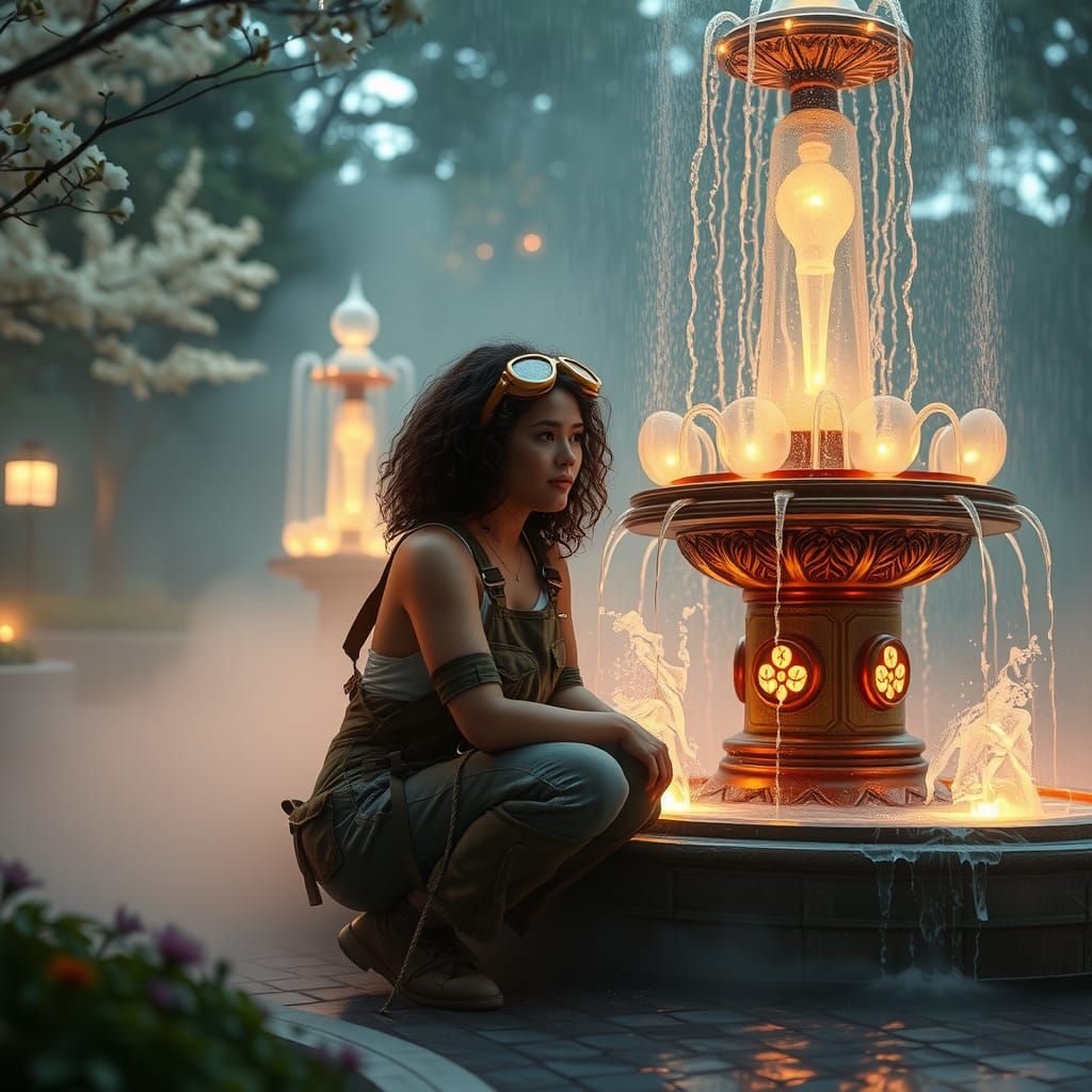 Glowing Mist Envelops Futuristic Water Feature