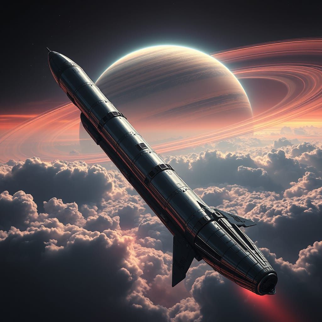 Colossal Military Rocket Amidst Saturn's Majestic Atmosphere