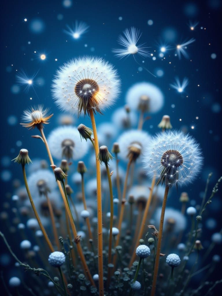 Hyper-Detailed Dandelions with Golden Stems and Bokeh