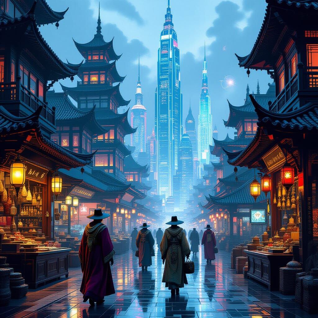 Cyberpunk Meets Ancient Merchants in Futuristic Cityscape