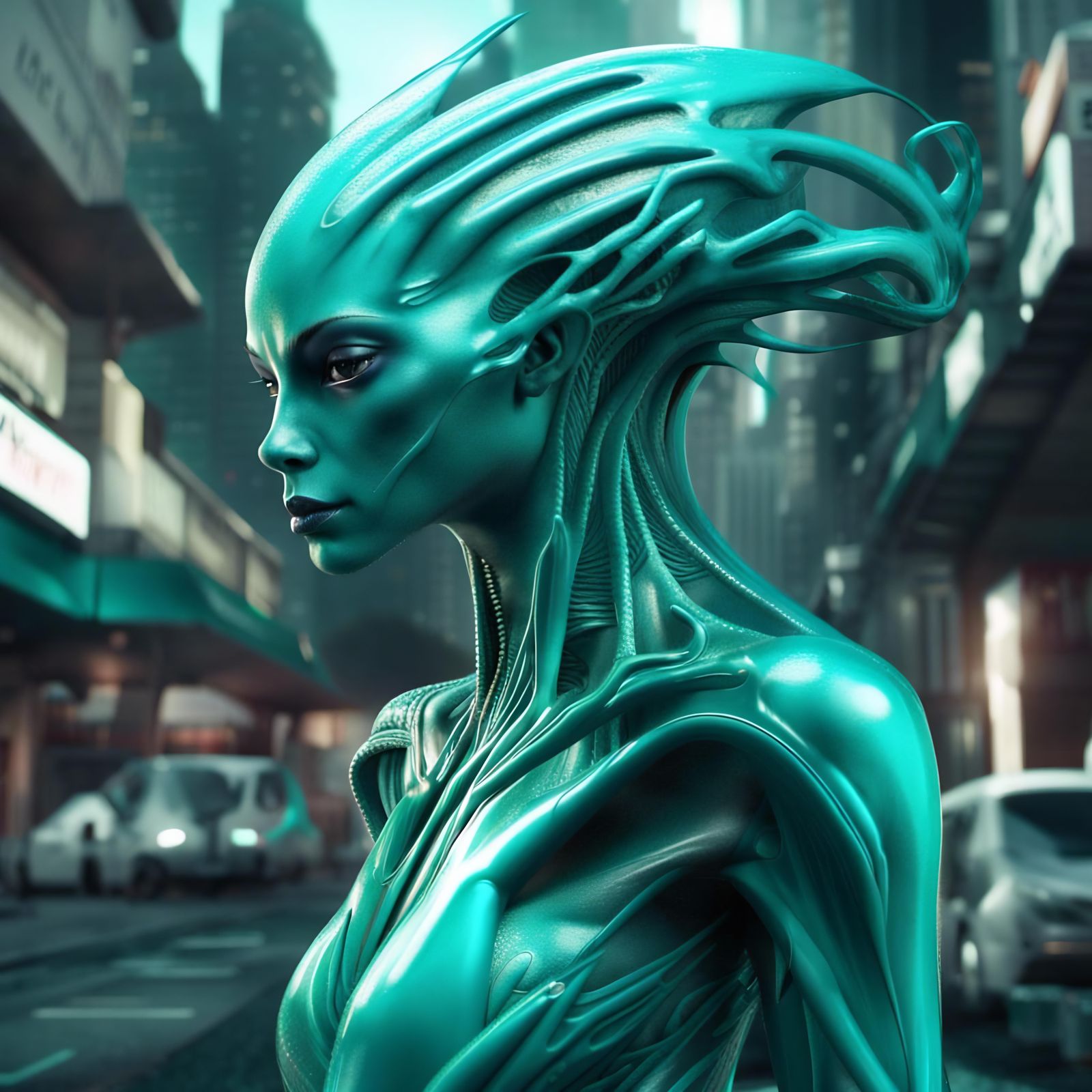 Teal Alien in Futuristic City: Hyperrealistic Masterpiece