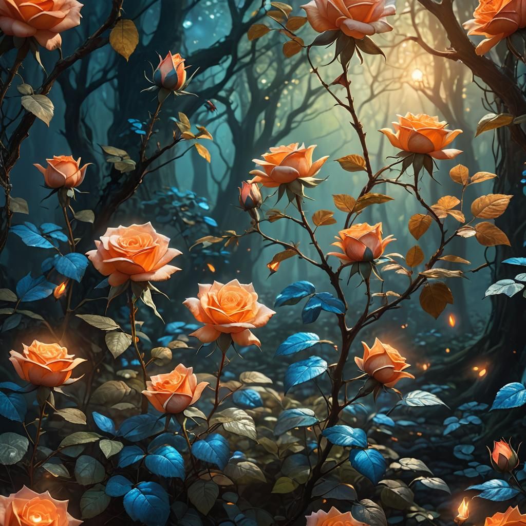 Glowing Rose in Mystical Forest, Digital Art