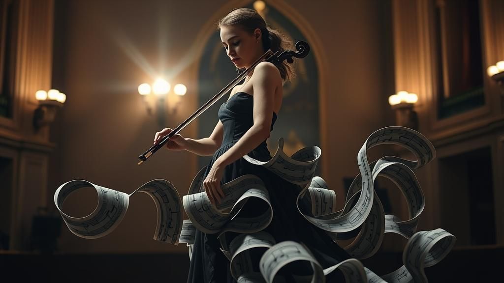 Musical Note Gown in Dark Surrealist Style