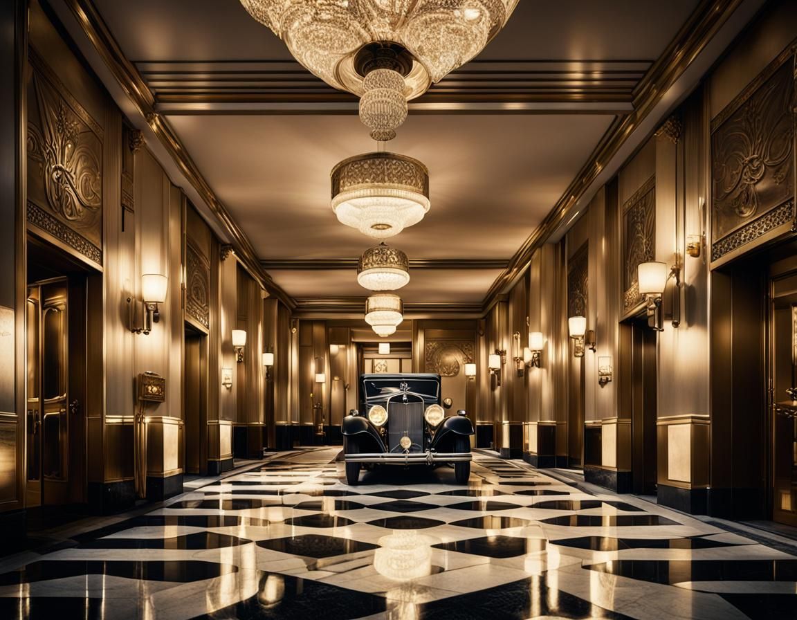HYPER REALISTIC, PERFECT, SMOOTH, HD QUALITY, A luxury hotel from the 1920's showcasing the glamour and elegance of Art ...