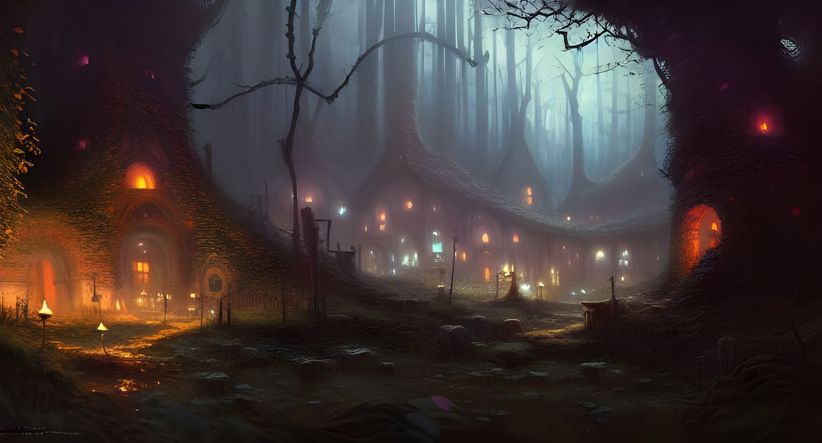 Subterranean Fairy Village Landscape with Candle Illuminatio...