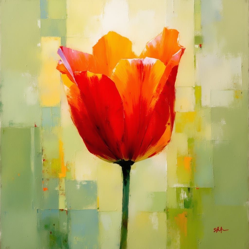 Impressionist Red Tulip Blooms Against Soft Green Hues