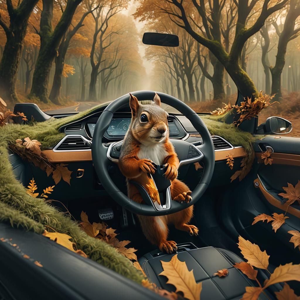 Squirrel Driving Tesla in Autumnal Forest