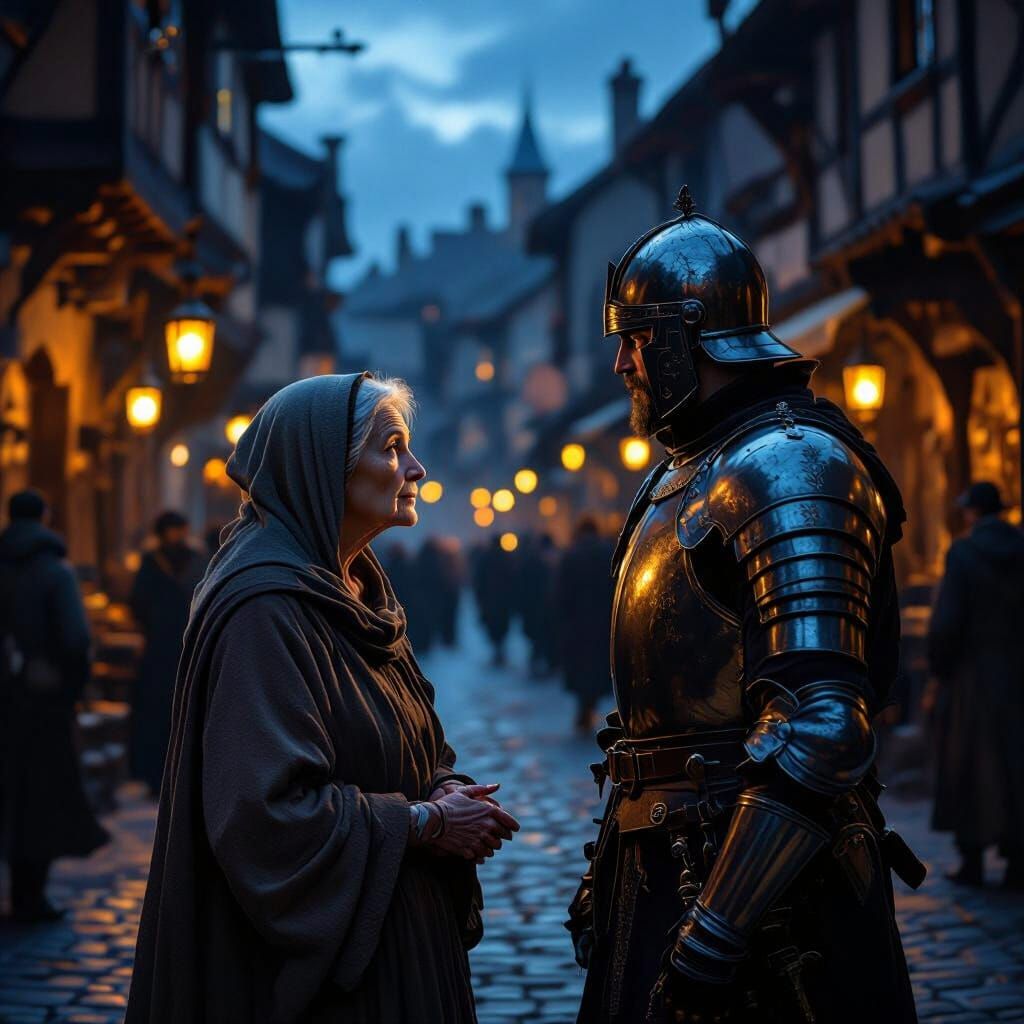 Terminally Ill Woman Confers with Guard Captain at Dusk