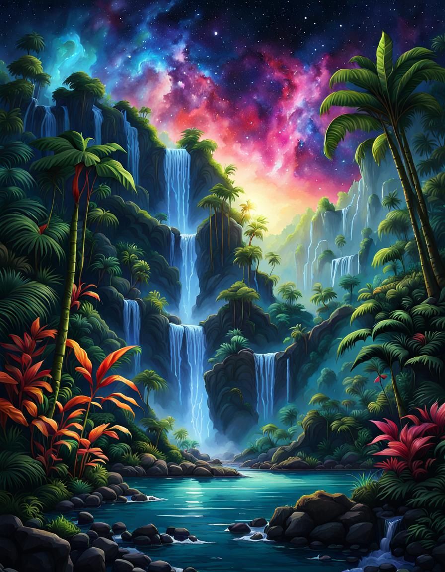 Rainforest Waterfall Under Galaxy Sky: Watercolour Art