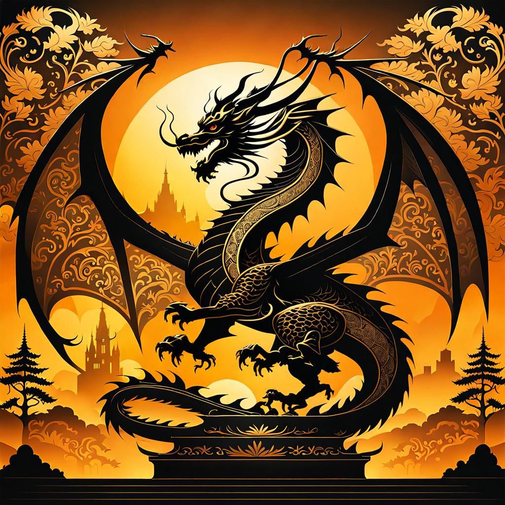 Majestic Dragon Silhouette with Four Seasons