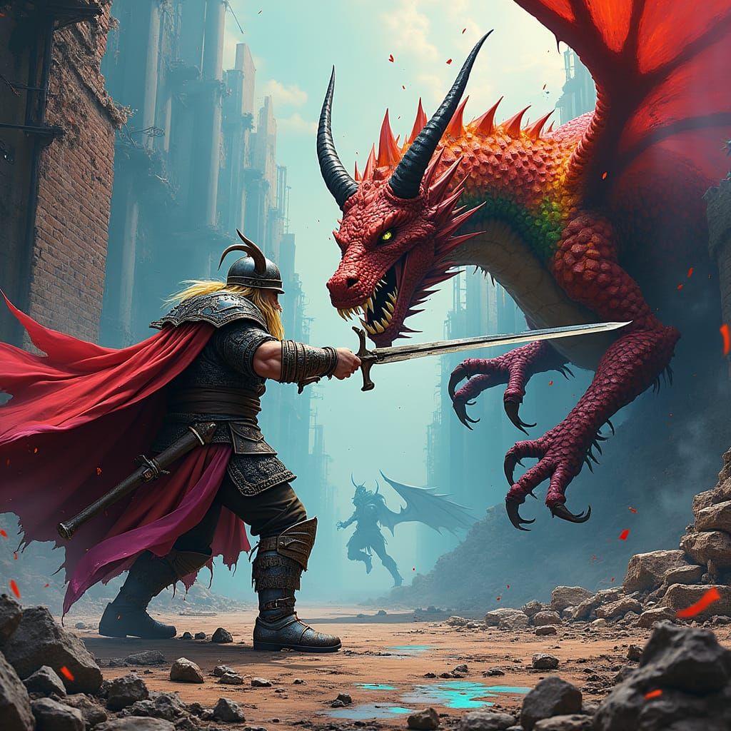 Viking Dragon Battle in Graffiti Art Style