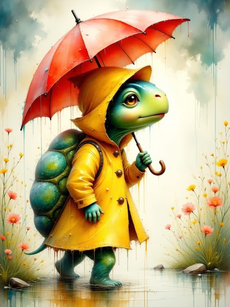Happy Turtle Singing in Rainy Watercolor Style