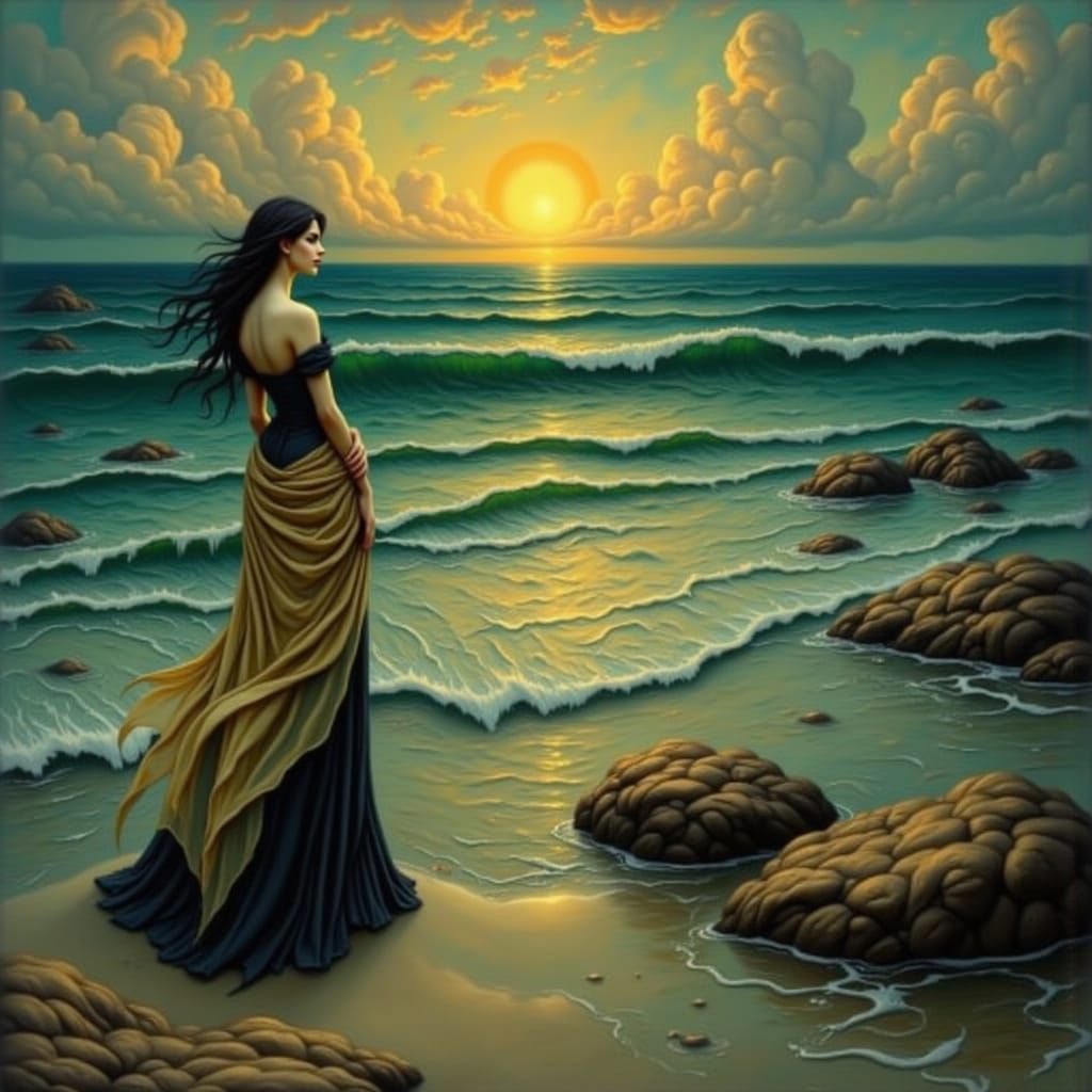Serene Ocean Scene with Golden Light and Dreamy Waves